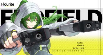 1girl absurdres ahoyim arknights arknights:_endfield artist_name black_gloves bright_pupils character_name commentary copyright_name dated dual_wielding endfield_industries_logo english_commentary finger_on_trigger fingerless_gloves fingernails floating_hair fluorite_(arknights) gloves green_eyes green_hair grin gun hair_between_eyes hair_ornament hairclip handgun highres holding hood hood_up long_hair long_sleeves puffy_long_sleeves puffy_sleeves smile solo upper_body weapon white_pupils