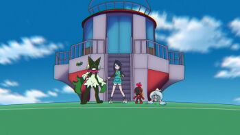 2boys 2girls animated attack captain_pikachu crocalor day dot_(pokemon) dragon dragonite flying full_body gen_1_pokemon gen_3_pokemon gen_8_pokemon hattrem looking_at_viewer lucario mega_dragonite mega_lucario mega_pokemon meowscarada multiple_boys multiple_girls nintendo pikachu pokemon pokemon_(creature) punching roy_(pokemon) running sableye serious tagme uruto_(pokemon) video wings