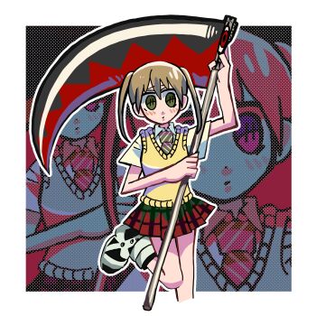 Rule 34 | 1girl, bell, blonde hair, closed mouth, commentary, cowbell, empty eyes, green eyes, green necktie, highres, maka albarn, mimiyori, necktie, polka dot, polka dot background, red skirt, skirt, solo, soul eater, sweater vest, twintails, vest, yellow vest