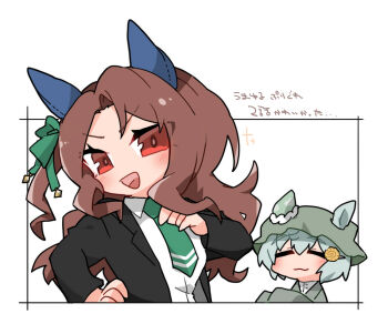 2girls beer_hsk black_jacket bow brown_hair collared_shirt dress_shirt ears_through_headwear formal_clothes green_bow green_necktie grey_hair grey_hat grey_jacket hair_between_eyes hair_bow hat jacket king_halo_(umamusume) long_hair long_sleeves looking_at_viewer multiple_girls necktie one_side_up open_clothes open_jacket red_eyes seiun_sky_(umamusume) shirt suit translation_request umamusume upper_body v-shaped_eyebrows white_background white_shirt