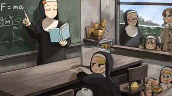6+girls aged_down baby_animal bird blonde_hair blue_eyes book brown_coat brown_hair chalkboard chicken closed_eyes clumsy_nun_(diva) coat commentary diva_(hyxpk) duck duckling eating english_commentary food glasses glasses_nun's_mother_(diva) glasses_nun_(diva) habit highres holding holding_book hungry_nun_(diva) ice_cream little_nuns_(diva) mother_superior_(diva) multiple_girls nun physics round_eyewear spicy_nun_(diva) star_nun_(diva) star_ornament traditional_nun trophy yellow_eyes