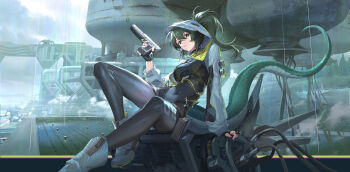 1girl :3 absurdres arknights arknights:_endfield belt black_bodysuit black_gloves bodysuit breasts clothes_writing commentary_request covered_navel endfield_industries_logo fingerless_gloves fluorite_(arknights) foot_out_of_frame gloves green_eyes green_hair gun hair_between_eyes hair_through_hood high_belt high_ponytail highres holding holding_gun holding_weapon hood hood_up hooded_shrug knee_up kulu_(ku-lu) long_hair looking_at_viewer medium_breasts ponytail shoes shrug_(clothing) snake_girl snake_tail solo tail weapon white_shoes white_shrug