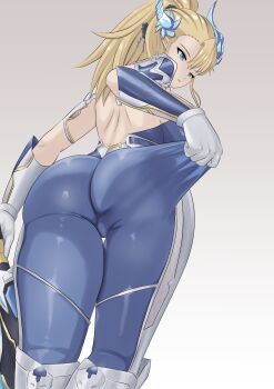 Rule 34 | 1girl, ass, blonde hair, blue bodysuit, blue horns, bodysuit, bodysuit pull, breasts, cameltoe, commentary, english commentary, from behind, from below, gloves, grey background, highres, holding, holding sword, holding weapon, horns, impossible bodysuit, impossible clothes, large breasts, long hair, meme, propips, ragnarok sinmara, simple background, solo, sword, taimanin (series), taimanin suit, variant set, weapon, white gloves, wilhelmina stretch (meme)