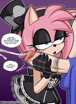 1boy 1girl amy_rose animal_ears black_dress black_gloves black_lips bored cum dankodeadzone dress ejaculation eyeshadow furry gloves gothic_lolita gradient_background green_eyes half-closed_eyes handjob hat hetero highres lipstick lolita_fashion makeup mini_hat mini_top_hat outline penis pink_hair purple_background short_hair simple_background sonic_(series) sonic_the_hedgehog speech_bubble text_focus top_hat uncensored upper_body white_outline