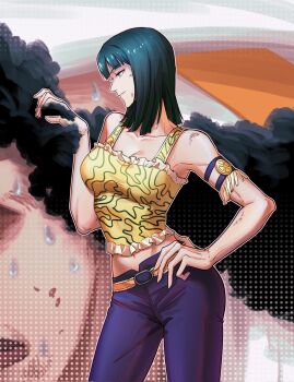 Rule 34 | 1boy, 1girl, 2024, armlet, bare shoulders, black hair, blue eyes, blunt bangs, breasts, cleavage, closed mouth, collarbone, commentary, female focus, highres, holding another's hair, jewelry, looking at another, medium hair, midriff, navel, nico robin, nico robin (skypiea), official alternate costume, one piece, pants, parted lips, purple pants, size difference, sweatdrop, tank top, thunderkalel, yama (one piece), yellow tank top