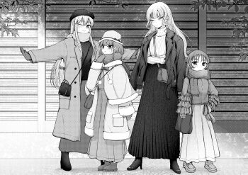 4girls absurdres bag beret blunt_bangs boots bow capelet closed_mouth coat dress enpera frilled_sleeves frills full_body fur-trimmed_capelet fur-trimmed_coat fur_trim gloves greyscale hat high_heels highres jacket jacket_on_shoulders long_hair long_skirt long_sleeves looking_at_viewer mittens monochrome multiple_girls neoinuri one_eye_closed open_clothes open_coat original outstretched_arms pleated_skirt pom_pom_(clothes) ribbed_sweater scarf shoulder_bag skirt sleeves_past_wrists smile spread_arms sweater turtleneck turtleneck_sweater