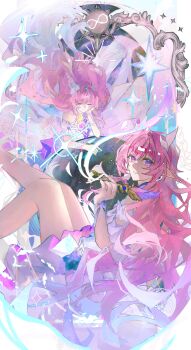 1girl absurdres bare_shoulders breasts cyrene_(honkai:_star_rail) cyrene_(ripples_of_past_reverie)_(honkai:_star_rail) diamond-shaped_pupils diamond_(shape) dress earrings highres holding holding_quill honkai:_star_rail honkai_(series) jewelry large_breasts long_hair looking_at_viewer multiple_views pink_hair pointy_ears purple_eyes quill smile symbol-shaped_pupils thighs very_long_hair white_dress x431788