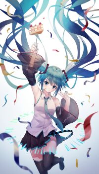 1girl 200f_(nifu) aqua_eyes aqua_hair aqua_nails aqua_necktie aqua_ribbon aqua_trim arm_up armpits black_skirt blush breasts collarbone collared_shirt commentary_request detached_sleeves floating_hair foot_out_of_frame hair_between_eyes hair_ornament hatsune_miku highres long_sleeves medium_breasts miniskirt necktie pleated_skirt ribbon see-through_clothes see-through_sleeves shirt skirt sleeveless sleeveless_shirt solo teet v vocaloid white_shirt wide_sleeves