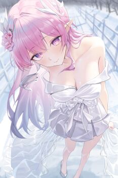 1girl absurdres alternate_costume breasts cleavage closed_mouth collarbone commentary cyrene_(honkai:_star_rail) cyrene_(ripples_of_past_reverie)_(honkai:_star_rail) diamond-shaped_pupils diamond_(shape) dress flower gradient_hair habi_(kyuri_318) hair_flower hair_intakes hair_ornament highres honkai:_star_rail honkai_(series) large_breasts looking_at_viewer multicolored_hair pink_flower pink_rose pointy_ears purple_eyes purple_hair rose sidelocks smile solo standing symbol-shaped_pupils white_dress