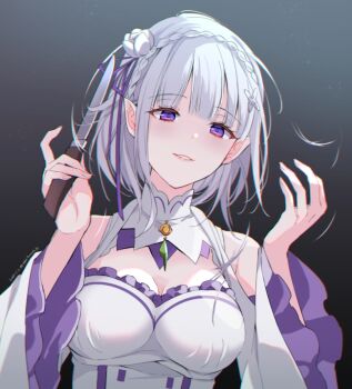 Rule 34 | 1girl, alternate hairstyle, braid, breasts, breasts apart, buu (buu02), cleavage cutout, clothing cutout, commentary request, crown braid, cutting hair, cutting own hair, dated, dress, elf, emilia (re:zero), gradient background, grey background, hair ornament, hands up, holding, holding knife, knife, long sleeves, looking at viewer, medium breasts, parted lips, pointy ears, purple eyes, re:zero kara hajimeru isekai seikatsu, severed hair, short hair, shoulder cutout, solo, twitter username, upper body, white dress, white hair, wide sleeves, x hair ornament