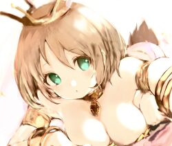 Rule 34 | 1girl, armlet, bangle, blonde hair, blush, bracelet, breasts, choker, cleavage, close-up, crown, green eyes, highres, jewelry, kakuwashi, large breasts, looking at viewer, lying, on stomach, refrain no chika meikyuu to majo no ryodan, short hair, solo, theatrical star