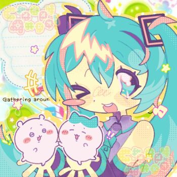 Rule 34 | 1girl, aqua eyes, aqua hair, artist name, blush, border, chiikawa, chiikawa (character), creepy4ngel, hachiware (chiikawa), hatsune miku, one eye closed, ornate border, vocaloid