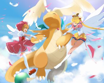 2girls bishoujo_senshi_sailor_moon blonde_hair brown_hair cardcaptor_sakura crossover double_bun dragonite dress gen_1_pokemon group_picture hair_bun head_wings highres horns kinomoto_sakura magical_girl mega_dragonite mega_pokemon midair multiple_crossover multiple_girls nintendo pink_dress pink_petals pokemon pokemon_(creature) sailor sailor_moon single_horn skirt startboii wings
