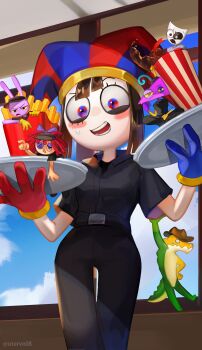 1other 2boys 3girls alligator animal_ears artist_name asymmetrical_gloves belt black_belt black_eyes black_hat black_pants black_shirt blue_eyes blue_gloves blue_hat blue_sky blush bow brown_hair brown_hat button_eyes buttons cloud cloudy_sky cola collared_shirt colored_sclera colored_skin comedy_and_tragedy_masks cowboy_hat cowboy_shot crocodilian crocodilian_tail cup day disposable_cup eyeshadow food french_fries gangle_(the_amazing_digital_circus) gloves gummigoo hair_bow half-closed_eye hand_on_own_hip hands_up hat highres holding holding_tray indoors jax_(the_amazing_digital_circus) jester_cap looking_at_viewer makeup mcdonald's mismatched_gloves multicolored_eyes multiple_boys multiple_girls open_mouth pants pomni_(the_amazing_digital_circus) purple_bow purple_eyes purple_eyeshadow purple_skin rabbit_boy rabbit_ears ragatha_(the_amazing_digital_circus) red_eyes red_gloves red_hair red_hat shirt short_hair short_sleeves sky smile snorvo standing striped_hat sweatdrop tail teeth the_amazing_digital_circus tray two-tone_hat v-shaped_eyebrows visor_cap window yellow_gloves yellow_sclera zooble_(the_amazing_digital_circus)