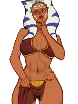 1girl ahsoka_tano akeowi alien blue_eyes blush bra breasts clothes_lift colored_skin covered_erect_nipples finger_to_mouth harem_outfit highres huttslayer_leia jedi large_breasts loincloth loincloth_lift looking_at_viewer navel orange_skin princess_leia pussy see-through_bra see-through_clothes shushing simple_background slave star_wars togruta underwear white_background