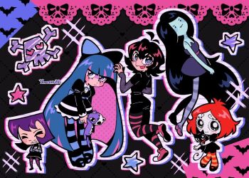 Rule 34 | 5girls, adventure time, black background, border, crossover, doom kitty, gazlene membrane, honekoneko (psg), hotel transylvania, invader zim, lace, lace border, lace trim, marceline abadeer, mavis dracula, multiple crossover, multiple girls, ornate border, panty &amp; stocking with garterbelt, ruby gloom, ruby gloom (character), skull, star (symbol), stocking (psg), trait connection, vampire, yanana ua