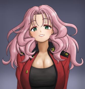 1girl absurdres amanone_yun black_shirt blush breasts cleavage collarbone commentary_request eyeshadow girls_und_panzer green_eyes highres large_breasts long_hair looking_at_viewer makeup military_uniform peach_(girls_und_panzer) pink_hair shirt simple_background smile solo st._gloriana's_military_uniform upper_body