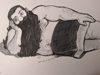 1boy bara beard belly derivative_work dungeon_meshi dwarf facial_hair fat fat_man graphite_(medium) hairy highres long_beard looking_at_viewer lying male_focus mustache navel nipples on_side pectorals photo_(medium) screenshot_redraw senshi_(dungeon_meshi) solo staring tamvmat thick_arm_hair thick_chest_hair thick_mustache thick_navel_hair topless_male traditional_media very_long_beard