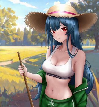 Rule 34 | 1girl, absurdres, alternate costume, axelsworks, azur lane, blue hair, breasts, cleavage, collarbone, commentary request, day, green jacket, green shorts, hat, highres, jacket, large breasts, long hair, looking at viewer, marco polo (azur lane), midriff, navel, open clothes, open jacket, outdoors, red eyes, shorts, solo, sports bra, straw hat, sweat, tree, white sports bra