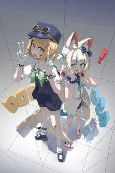 Rule 34 | !, ahoge, animal ear fluff, animal ears, bieru01, blonde hair, blue eyes, blue overalls, blue streaks, cat ears, commentary, dooby, dooby (1st costume), double v, dress, fins, fish girl, fish tail, gloves, goggles, green eyes, hat, highres, indie virtual youtuber, lifebuoy hair ornament, long hair, low twintails, multicolored hair, multiple girls, open mouth, overalls, sameko saba, sameko saba (1st costume), shirt, short hair, streaked hair, tail, twintails, untranslatable commentary, v, very long hair, virtual youtuber, white dress, white gloves, white shirt