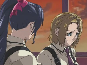 00s 1girl 2002 2girls animated bible_black bible_black_gaiden black_thighhighs blonde_hair blue_eyes blush bouncing_breasts bra bra_lift bra_pulled_up breasts classroom closed_eyes clothes_lift clothes_pull cloud cloudy_sky covering_breasts covering_privates crossed_arms desk drill_hair drill_ponytail english_text female_focus forced grabbing_another's_breast groping groping_breast head_grab kiss kitami_reika kozono_nami large_breasts leg_grab legs multiple_girls necktie nipple_stimulation nipples open_clothes opening_another's_clothes pinching_nipple ponytail purple_hair red_skirt red_sky removing_bowtie removing_necktie resistance saliva saliva_trail school school_uniform shirt shirts short_hair sitting skirt sky sound squeezing_nipple sunset suspenders sweat tagme thighhighs underwear undressing unworn_bra video white_bra white_shirt window yuri