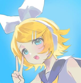 1girl aqua_eyes bare_shoulders blonde_hair blush bow dutch_angle from_below grey_sailor_collar hair_bow hair_ornament hairclip hashtag-only_commentary headphones headset highres kagamine_rin looking_at_viewer neckerchief open_mouth sailor_collar short_hair smile solo ss05sj v vocaloid white_bow yellow_neckerchief