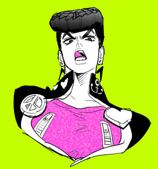 1boy a_dzu_(hnm_knm_04) absurdres diamond_wa_kudakenai earrings green_background heart higashikata_josuke highres jewelry jojo_no_kimyou_na_bouken male_focus open_mouth peace_symbol pompadour school_uniform simple_background solo solo_focus teeth tongue tongue_out
