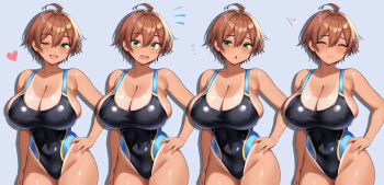 1girl :o ;d ahoge asanagi_shion bare_arms black_one-piece_swimsuit breasts brown_hair cleavage closed_eyes closed_mouth collarbone commentary_request competition_swimsuit covered_navel green_eyes grey_background grin hair_between_eyes hand_on_own_hip heart highres large_breasts looking_at_viewer multiple_views one-piece_swimsuit one_eye_closed open_mouth original shiny_skin short_hair smile solo standing swimsuit tan tanline teeth wavy_mouth