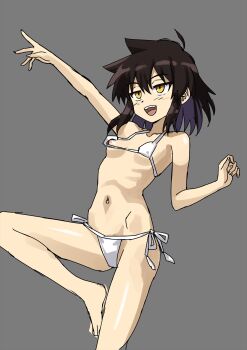 1girl :d bikini black_hair breasts commentary_request foot_out_of_frame haruka_naru_enkei_sekai highres inui_koi looking_afar medium_hair micro_bikini navel nipple_slip nipples onimushi_hyogo open_mouth petite simple_background small_breasts smile solo spiked_hair swimsuit white_bikini yellow_eyes