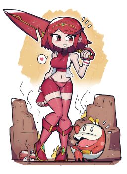 1girl 2others absurdres after_battle alligator bare_shoulders breasts crocodilian fangs female_focus fire fuecoco gen_9_pokemon heart highres holding holding_sword holding_weapon large_breasts looking_at_another matching_hair/eyes midriff multiple_others nacli navel nintendo pokemon pokemon_(creature) pyra_(xenoblade) red_eyes red_hair red_thighhighs rock shiny_skin short_hair shorts simple_background smile sword thick_thighs thighhighs thighs tony_welt trait_connection weapon whale_tail_(clothing) white_background wide_hips x_x xenoblade_chronicles_(series) xenoblade_chronicles_2 zettai_ryouiki