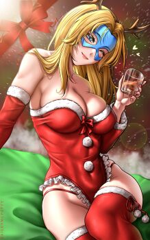 1girl absurdres baileymcpatty bare_shoulders blonde_blazer blonde_hair blue_eyes blue_mask commentary cup detached_sleeves dispatch english_commentary eye_mask eyelashes fur-trimmed_leotard fur_trim highres holding holding_cup leotard long_hair long_sleeves mask one_eye_closed red_leotard red_sleeves sitting solo strapless strapless_leotard