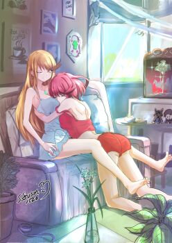 Rule 34 | 2girls, absurdres, barefoot, blonde hair, breasts, highres, large breasts, long hair, multiple girls, mythra (xenoblade), pyra (xenoblade), red eyes, red hair, short hair, sofusan1526, swept bangs, very long hair, xenoblade chronicles (series), xenoblade chronicles 2, yellow eyes