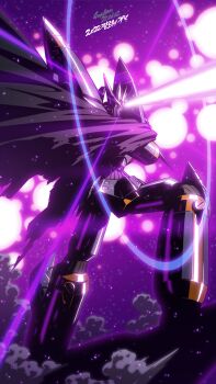 Rule 34 | 2022, babamba, cloak, firing, from side, gunbuster, highres, korean text, laser, looking ahead, mecha, no humans, one-eyed, purple eyes, robot, smoke, solo, super robot, top wo nerae!, top wo nerae! (series)