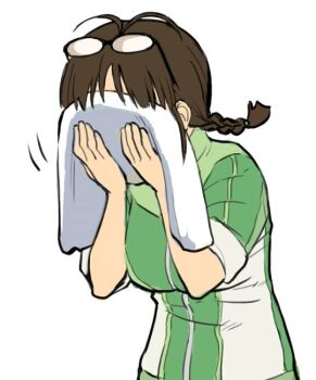 1girl akizuki_ritsuko alternate_breast_size_(larger) antenna_hair b_suke braid breasts brown_hair commentary_request eyewear_on_head glasses green_jacket idolmaster idolmaster_(classic) jacket large_breasts sleeves_rolled_up solo towel upper_body wiping_face