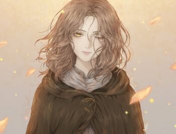 1girl artelsia artist_logo black_cloak brown_hair cloak commentary elden_ring embers falling_leaves highres leaf logo looking_at_viewer medium_hair melina_(elden_ring) one_eye_closed solo standing straight-on upper_body yellow_eyes