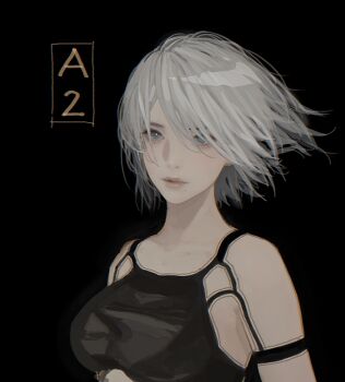1girl a2_(nier:automata) bare_shoulders black_background black_shirt body_markings breasts character_name commentary_request d.k grey_eyes grey_hair hair_between_eyes hair_over_one_eye medium_breasts mole mole_under_mouth nier:automata nier_(series) parted_lips shirt short_hair sketch solo upper_body wind