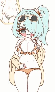 1girl 2025 animated aqua_hair bikini blue_archive blush_stickers breasts cowboy_shot dayday_(day_1day) embarrassed eyewear_on_head female_focus floral_print floral_print_bikini flower hair_flower hair_ornament hiyori_(blue_archive) hiyori_(swimsuit)_(blue_archive) image_in_thought_bubble jacket korean_commentary large_breasts looping_animation official_alternate_costume orange_bikini print_bikini rubbing side_ponytail solo straight-on sunglasses swimsuit video wavy_mouth weight_conscious white_background yellow-framed_eyewear yellow_jacket