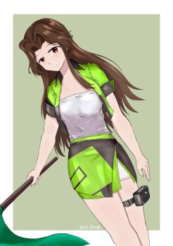 1girl brown_hair c2_race_queen_uniform commentary_request cropped_jacket flag green_flag green_jacket green_skirt grey_background grey_tube_top hair_intakes highres holding holding_flag jacket jintsuu_(kancolle) kantai_collection long_hair multicolored_jacket multicolored_skirt pairu_(pile_drvx86) race_flag race_queen short_sleeves skirt solo strapless thigh_strap_slip tube_top two-tone_skirt