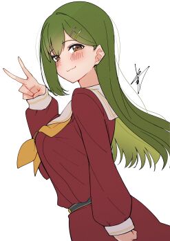 1girl absurdres breasts brown_dress brown_eyes closed_mouth commentary_request cowboy_shot dress green_hair hair_ornament hairclip hasu_no_sora_school_uniform highres large_breasts link!_like!_love_live! long_hair long_sleeves looking_at_viewer love_live! neckerchief ogami_sachi parallel_hairclips sailor_collar sailor_dress school_uniform signature simple_background smile solo v white_background white_sailor_collar winter_uniform yaa-kun yellow_neckerchief