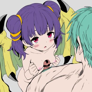 1boy 1girl blush breasts censored dragon_girl dragon_wings ephraim_(fire_emblem) fire_emblem fire_emblem:_the_sacred_stones green_hair loli looking_at_another myrrh_(fire_emblem) naizuri nemonemonerune nintendo nipples nude paizuri penis purple_hair red_eyes simple_background small_breasts twintails wings