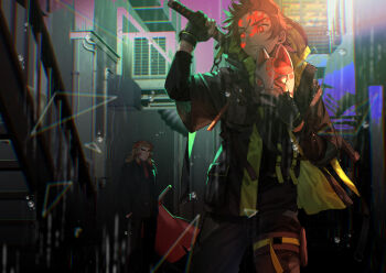 2boys alternate_costume belt black_coat black_gloves black_jacket black_pants black_shirt black_suit blonde_hair blurry brown_hair building closed_mouth coat collared_shirt contemporary cowboy_shot earrings fingerless_gloves forked_eyebrows formal_clothes fox_mask gloves glowing_scar green_necktie hanafuda_earrings hand_in_pocket hashimoto_(yanagi-momo) holding holding_mask holding_sword holding_weapon hood hooded_jacket jacket jewelry kamado_tanjirou katana kimetsu_no_yaiba long_coat long_hair long_sleeves looking_at_another looking_back male_focus mask multicolored_hair multiple_boys necktie night outdoors pants partially_fingerless_gloves rain red_eyes red_hair red_necktie rengoku_kyoujurou scar scar_on_face scar_on_forehead sheath shirt short_hair solo_focus stairs standing suit sword sword_on_back thigh_strap two-sided_coat two-sided_fabric two-sided_jacket unworn_mask water_drop weapon weapon_on_back