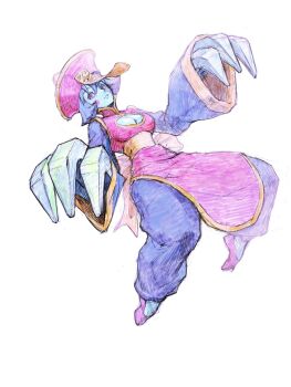 1girl blue_skin bow breasts chinese_clothes claw_(weapon) claws cleavage cleavage_cutout clothing_cutout colored_skin commentary_request darkstalkers flats flipped_hair hat highres hsien-ko iwamoto_tatsurou jiangshi ofuda pink_shoes purple_hair red_eyes shoes short_hair smile solo waist_bow weapon
