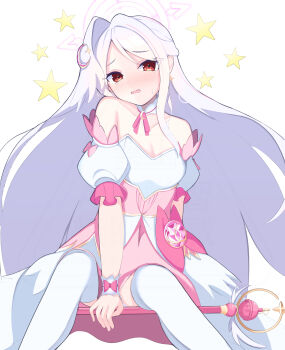 1girl absurdres arm_between_legs blue_archive blush crescent crescent_hair_ornament detached_sleeves grey_wings hair_ornament halo head_wings highres long_hair magical_girl noby official_alternate_costume puffy_detached_sleeves puffy_sleeves purple_halo red_eyes single_head_wing single_wing sitting solo star_(symbol) star_halo suzumi_(blue_archive) suzumi_(magical)_(blue_archive) wand white_background white_hair wing_ornament wings