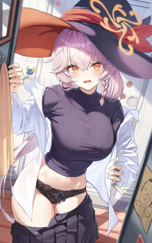 1girl absurdres black_hat black_panties black_shirt black_skirt blue_archive blush braid breasts character_print collared_shirt commentary cowboy_shot cropped_shirt crossed_bangs doodle_sensei_(blue_archive) earrings eri_(blue_archive) eyelashes eyes_visible_through_hair furrowed_brow guegue hair_between_eyes halo hand_up hat hat_ribbon highres impossible_clothes impossible_shirt indoors jewelry large_breasts lingerie locker locker_room long_hair looking_at_viewer midriff multiple_rings navel open_clothes open_mouth open_shirt orange_eyes orange_halo panties pleated_skirt purple_hair red_ribbon revision ribbon ring sensei_(blue_archive) shirt single_braid single_earring skirt solo sweatdrop teeth turtleneck turtleneck_shirt undershirt underwear upper_teeth_only very_long_hair white_shirt witch_hat