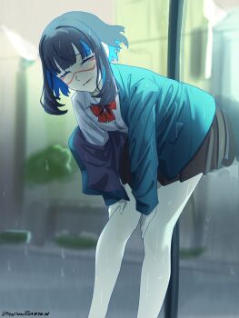 1girl absurdres black_hair black_skirt blue_hair bow bowtie breasts closed_eyes collared_shirt colored_inner_hair dantonphanton facepaint fate/grand_order fate_(series) green_jacket highres jacket leaning_forward long_sleeves multicolored_hair off_shoulder open_mouth rain shirt short_hair sidelocks skirt small_breasts smile solo tenochtitlan_(fate) thighs white_shirt