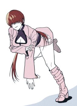 1girl a_ang0000 boots breasts cleavage cleavage_cutout clothing_cutout dress female_focus heel_up high_heels jacket large_breasts long_hair pale_skin ponytail red_hair shermie_(kof) skirt smile the_king_of_fighters thick_thighs thighs twintails