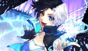 1girl :d animification asymmetrical_gloves black_gloves black_hair black_jacket blue_eyes blue_eyeshadow blue_nails blue_shirt bright_pupils brown_eyes character_logo choker commentary_request cryokinesis eyeshadow fingerless_gloves gloves glowstick heart heterochromia highres jacket looking_at_viewer luna_snow makeup marvel marvel_rivals milord_jz multicolored_hair multicolored_shirt open_mouth penlight_(glowstick) shirt short_hair single_fingerless_glove smile snowflake_choker solo split-color_hair stage upper_body white_gloves white_hair white_pupils white_shirt