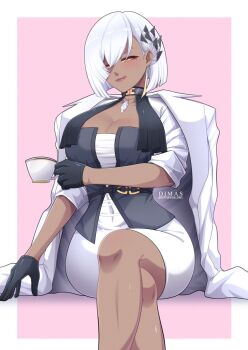 1girl black_corset black_gloves breasts cleavage corset crossed_legs cup dark-skinned_female dark_skin earrings gloves hair_over_one_eye holding holding_cup jacket jacket_on_shoulders jewelry large_breasts licking_lips mole mole_under_eye narrowed_eyes septiawan_dms short_hair simple_background sitting solo teacup tongue tongue_out tops_consultant_(zenless_zone_zero) white_hair white_jacket zenless_zone_zero