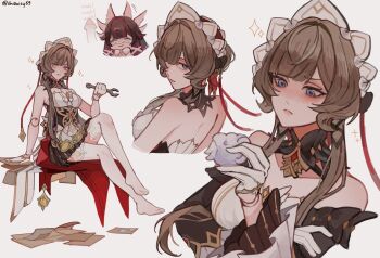 2girls armpit_crease arrow_(symbol) artist_name back bare_shoulders barefoot black_bow black_collar black_dress black_sleeves blue_eyes blunt_bangs blush bow bowtie breasts brown_hair chibi chibi_inset closed_eyes closed_mouth collar collarbone columbina_(genshin_impact) commentary cropped_arms cropped_head cropped_torso crossed_arms cup detached_collar detached_sleeves doll_joints dress drinking_glass english_text eni_(enidaisy69) eye_mask facing_to_the_side from_behind frown full_body genshin_impact gloves hair_ornament half_gloves hand_up highres holding holding_cup holding_wrench invisible_chair joints large_breasts lips long_hair looking_at_object looking_at_viewer looking_back looking_down mask motion_lines multiple_girls papers purple_hair red_pupils sandrone_(genshin_impact) sitting smile sparkle sparkling_aura thighhighs upper_body white_background white_bow white_bowtie white_gloves white_headdress white_mask white_thighhighs winged_hair_ornament wrench x_hair_ornament