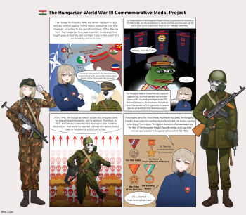 1girl 3boys absurdres adjusting_hair akm akm-63 amd-65 ammunition_pouch arrow_(symbol) assault_rifle belt beret black_boots black_hat blonde_hair blue_hoodie boots brown_boots brown_shirt camouflage camouflage_jacket camouflage_pants canteen cold_war combat_boots combat_helmet comic countryball cross crossed_arms english_text explosion faceless faceless_male folding_stock gas_mask gloves green_gloves green_jacket green_pants gulyas gun gun_sling hammer_and_sickle hand_grenade hat helmet highres holding holding_gun holding_weapon hood hoodie huge_filesize hungarian_army hungarian_flag hungarian_people&#039;s_army hungarian_people&#039;s_republic hungary italy jacket kalashnikov_rifle korean_text map mask medal medium_hair military military_combat_uniform military_dress_uniform military_hat military_uniform multiple_boys mushroom_cloud nato neon_genesis_evangelion nuclear_explosion original pants paratrooper peaked_cap pepe_the_frog pouch red_star rifle running sam_browne_belt seele_(evangelion) shirt shoulder_boards skull soviet spade speech_bubble ssh-68_combat_helmet star_(symbol) stick_grenade sweatdrop switzerland translation_request two-barred_cross warsaw_pact weapon weapon_of_mass_destruction white_gloves world_war_iii yellow_eyes yugoslavia